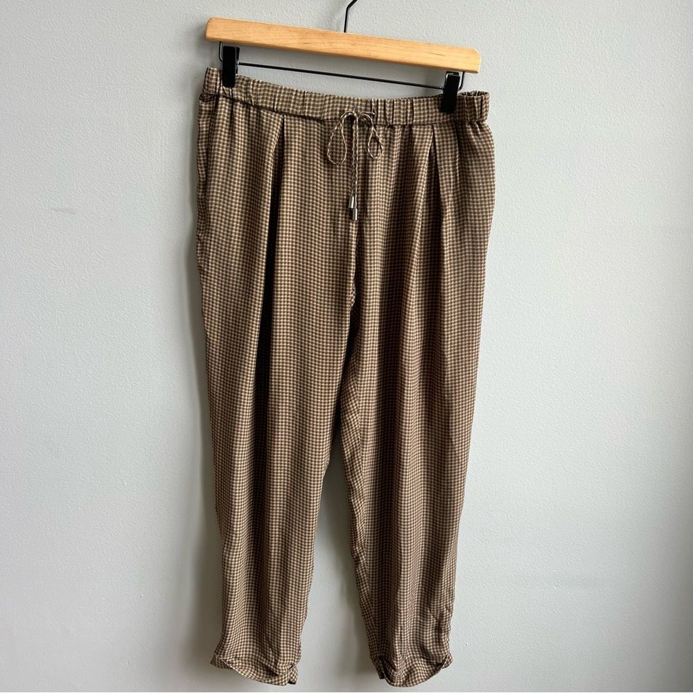 Haute Hippie 100% Silk Tan Checkered Joggers Harem Pants Gingham Plaid Small